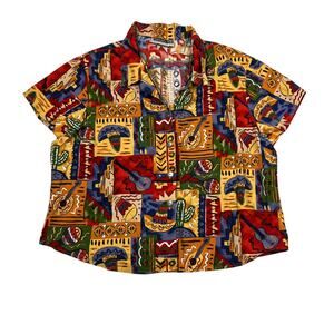 Vintage 90s AOP Southwestern Cropped Button Up Camp Shirt Womens Large
